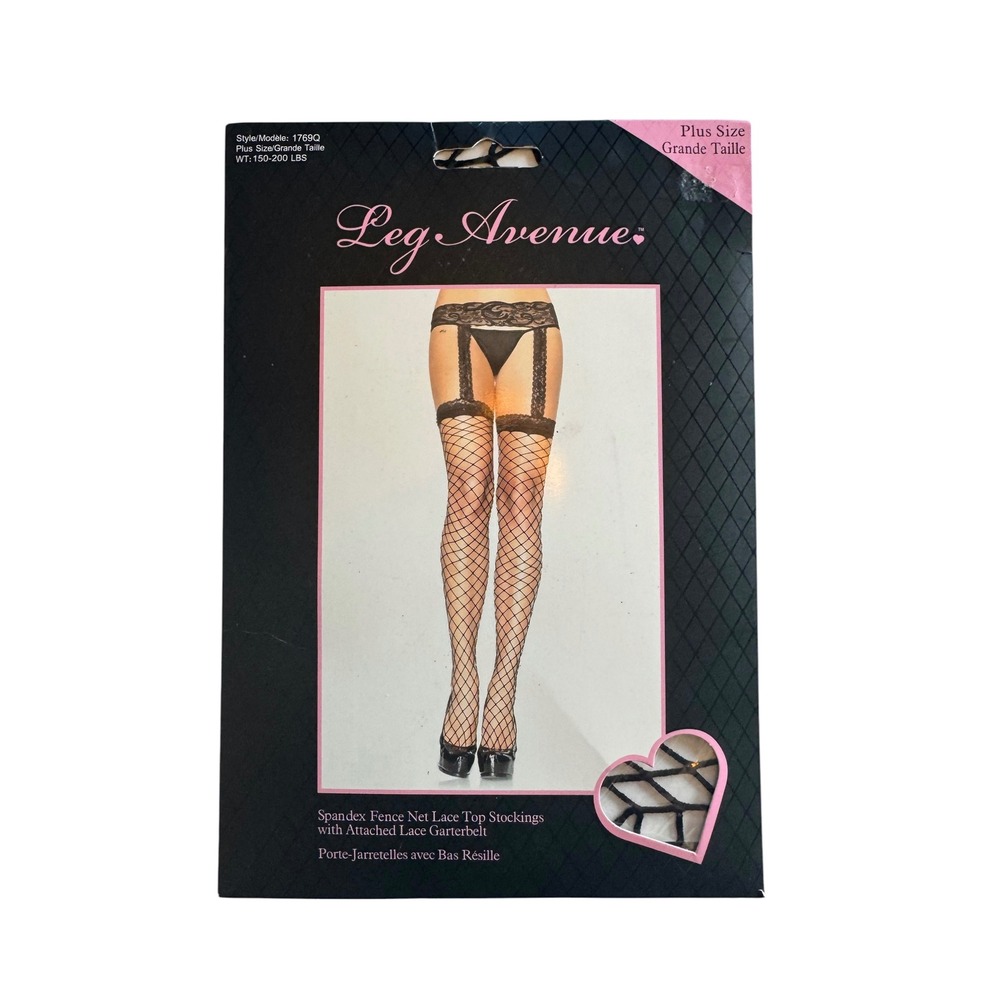 Leg Avenue Plus Size Black Fence Net Stockings Attached Lace Garter Belt 1769Q